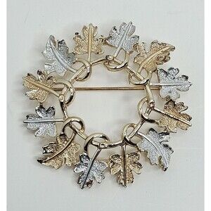 Vintage Sarah Coventry Garland Wreath Pin Silver Gold Tone Maple Leaf Brooch